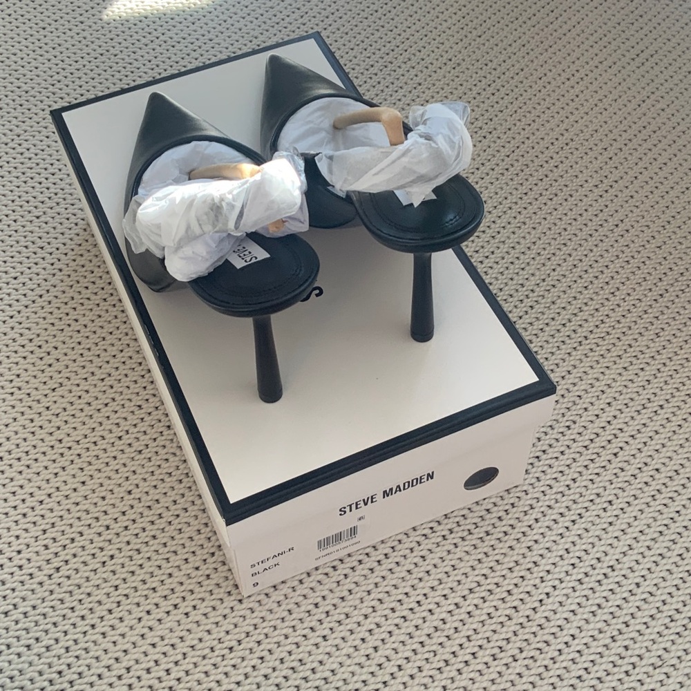 Steve Madden Black Pointed Toe Stiletto Mules with Wrap Detail